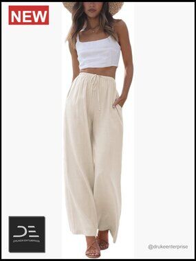 Cotton Linen Wide Leg Palazzo Pants with Pockets